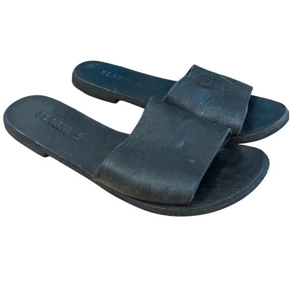 St. Agni Black Leather Slide Sandals - Picture 2 of 6